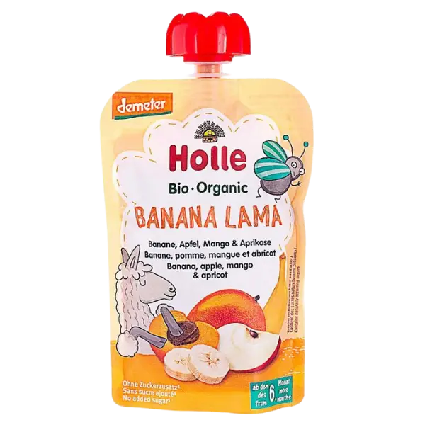 Пюре Banana-Lama з бананом, яблуком, манго й абрикосом органічне Holle (з 6 місяців), 100г купити